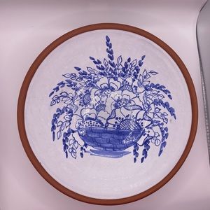 Vintage Portugal Terra Cotta Pottery Bowl Blue Flowers Hand Painted Signed 7.5”